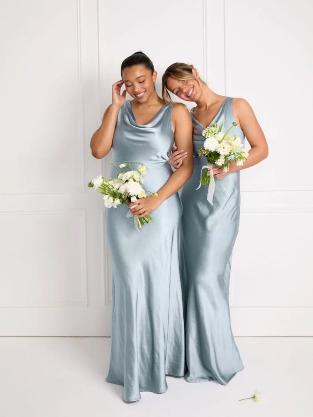Six Stories Myah Dusty Blue Cowl Front Satin Maxi Bridesmaid Dress, Size 8